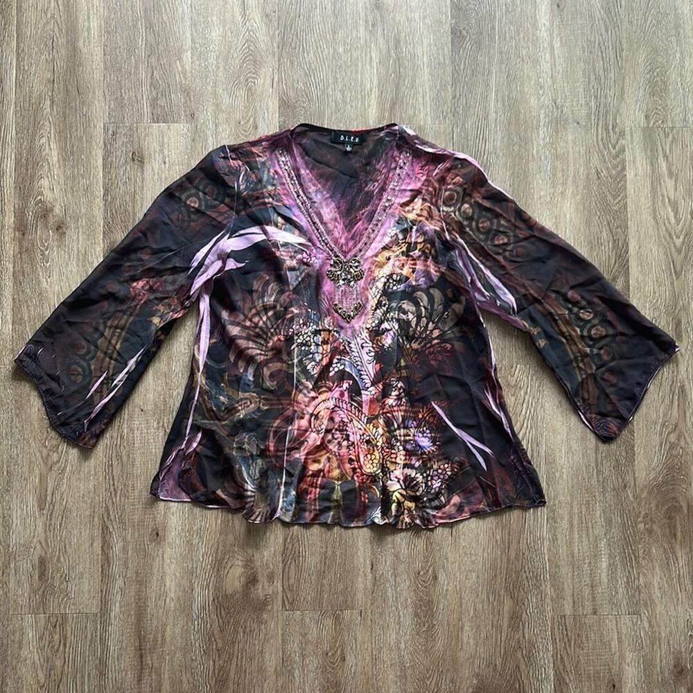 B.L.E.U Vintage Y2K Flowy Long Sleeve Top Size Large Printed